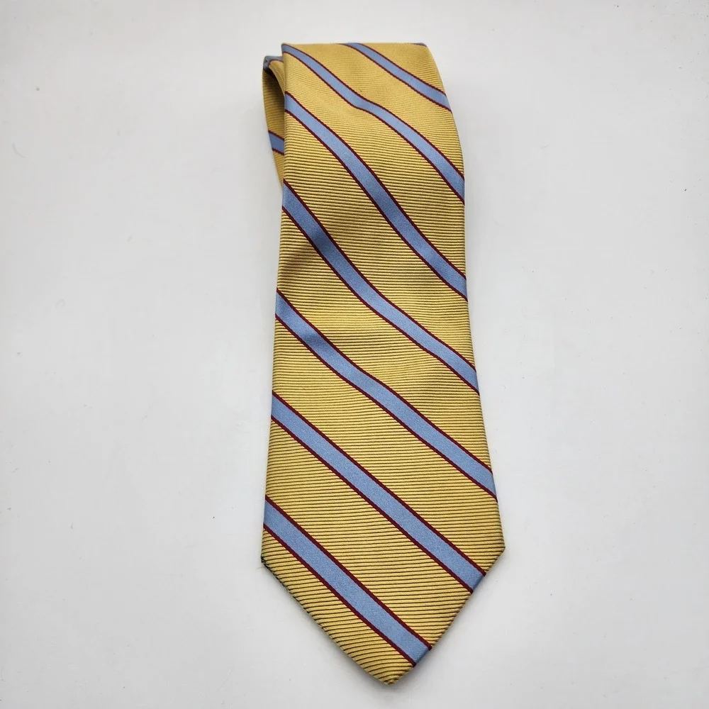 Brooks Brothers 346 Men's Pure Silk Necktie Yellow Blue Burgundy Striped USA